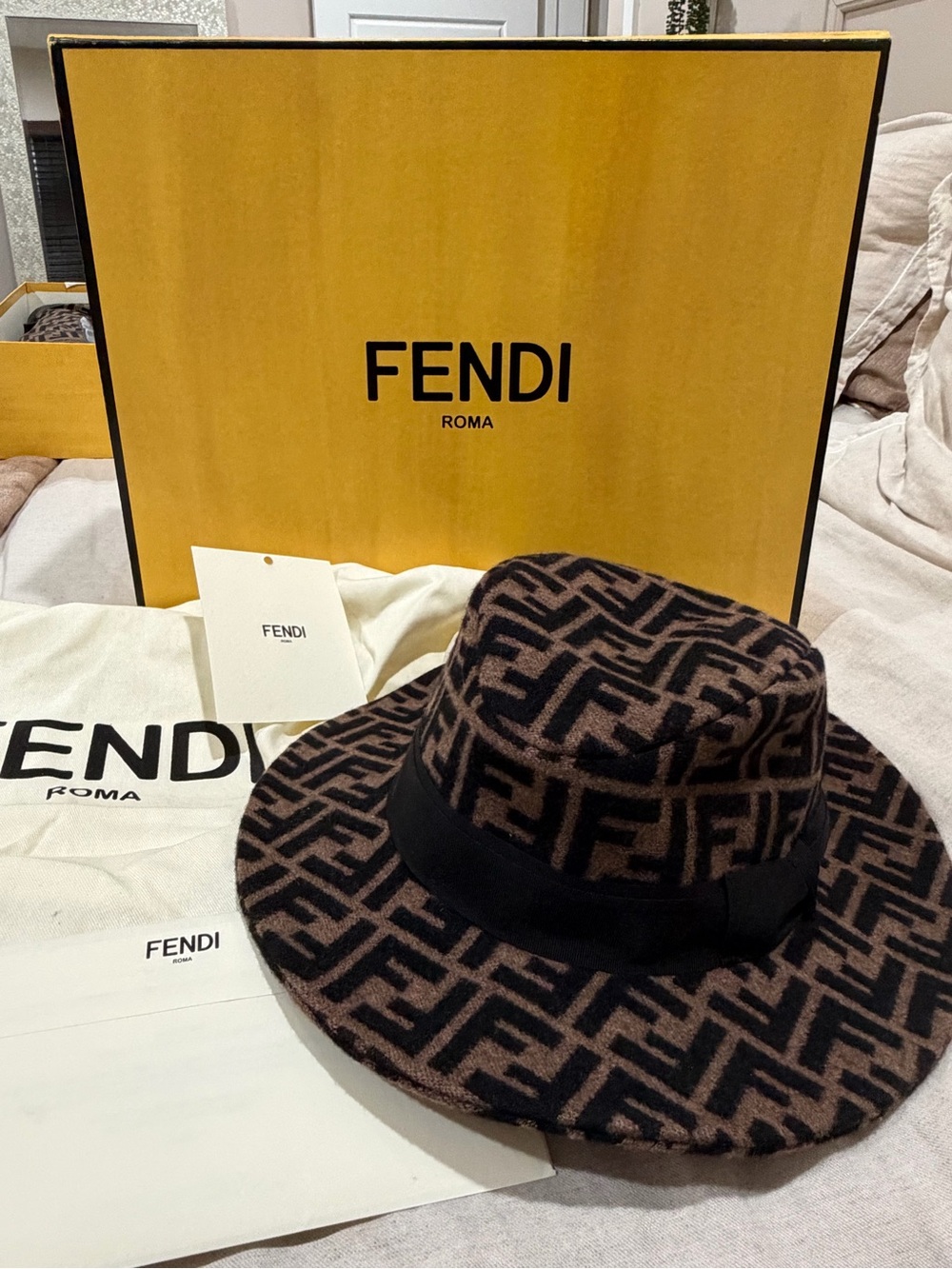 Fendi Brown & Black FF Logo Wool Fedora Hat